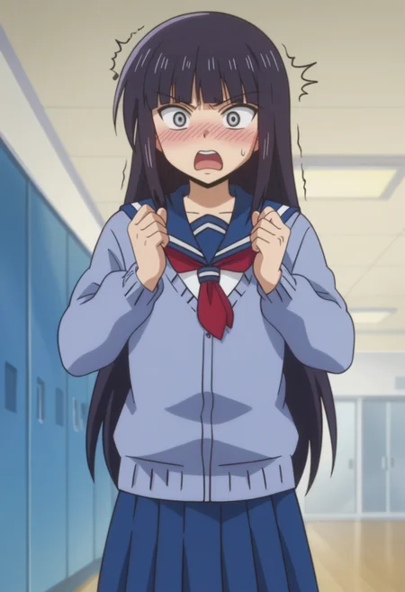 source_anime,anime screencap, anime coloring,intricate details,rating_safe, masterpiece, best quality,
(best quality, absurd res, ultra detailed),,(4 finger:0.5),1girl, ((solo)), good eyes,perfect eyes,,detailed eyes, zPDXLxxx , zPDXL3,detailed, detailed face
BREAK
solo,indoors,standing,front view,
yassan, 1girl, black hair, long hair, school uniform, serafuku, skirt,cardigan,
blush, embarassed,surprised,angry,v-shaped eyebrows,
, <lora:add-detail-xl:2> <lora:Yassan:0.8>