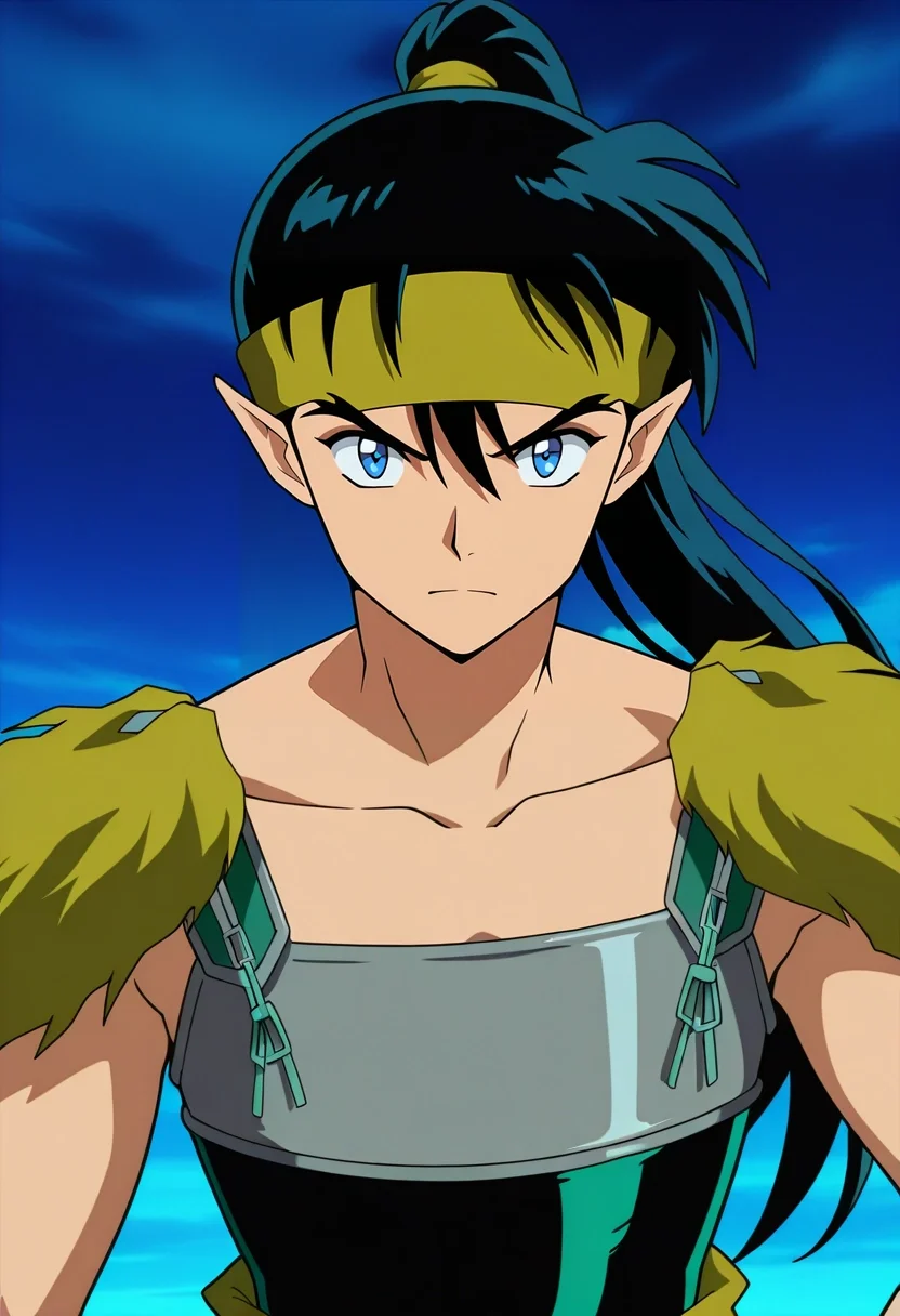 masterpiece, best quality, anime screencap, anime coloring, official style, looking at viewer, 1boy, solo, male focus, <lora:kouga_inuyasha_ilxl:0.96>, kouga_inuyasha, black hair, blue eyes, long hair, ponytail, pointy ears, headband, armor, , ,