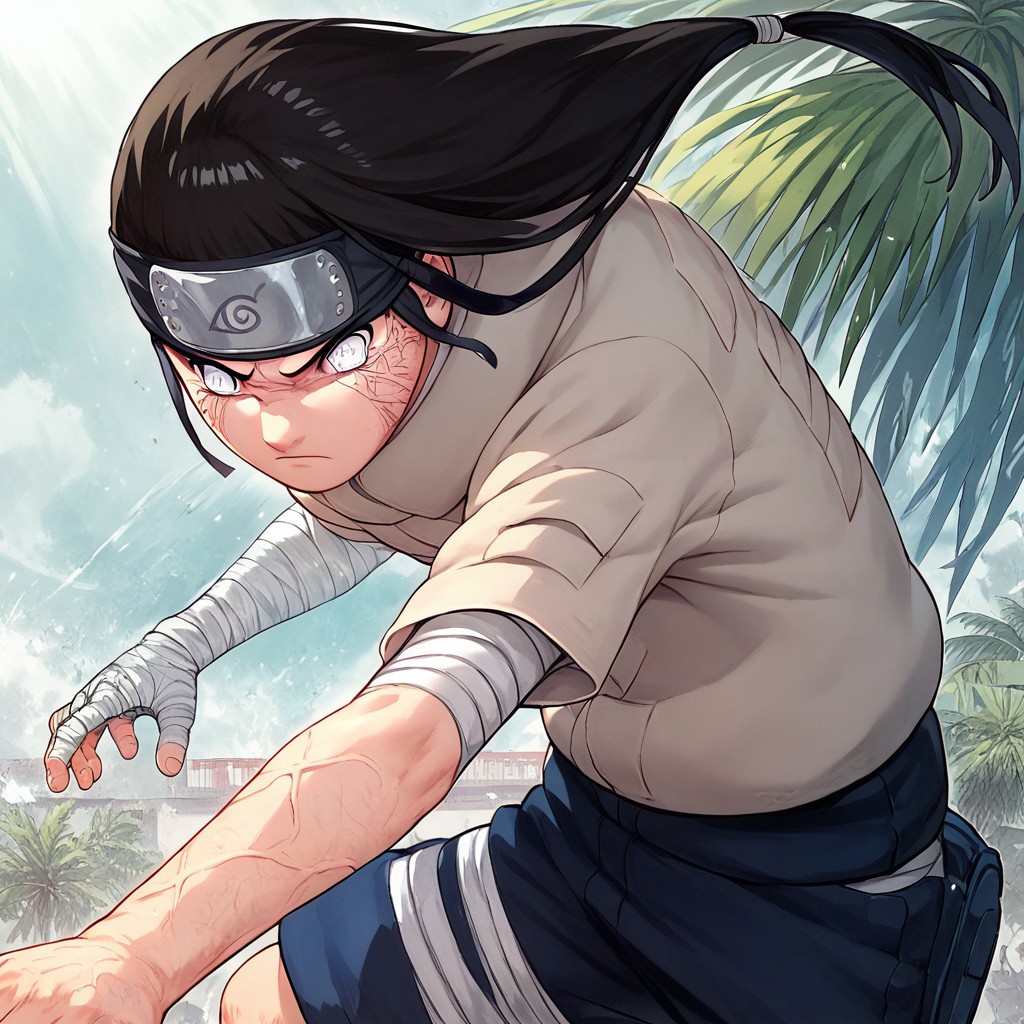 score_9, score_8_up, score_7_up, mastepiece, 1boy, solo, masterpiece, Neji, Black Hair, Long Hair, Ponytail, No pupils, grey eyes, Beige shirt, shorts, forehead protector, bandaged arm, fighting stance, open palm, veins around eyes, hands