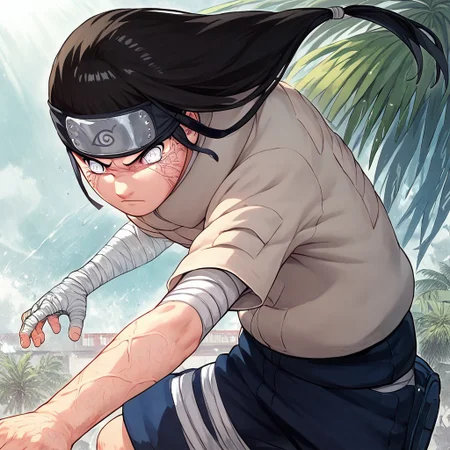 score_9, score_8_up, score_7_up, mastepiece, 1boy, solo, masterpiece, Neji, Black Hair, Long Hair, Ponytail, No pupils, grey eyes, Beige shirt, shorts, forehead protector, bandaged arm, fighting stance, open palm, veins around eyes, hands