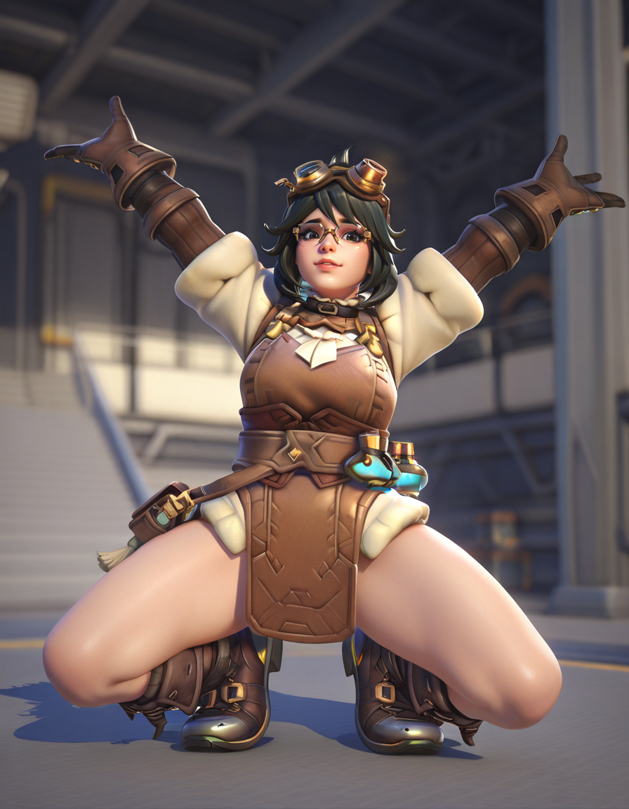 Masterpiece, high-res, 2k, best quality, 2.5d, realistic, ,  1girl, alchemist mei, mei (overwatch), black hair  <lora:mei_alchemist_illus-000043:1> Legs spread arms up