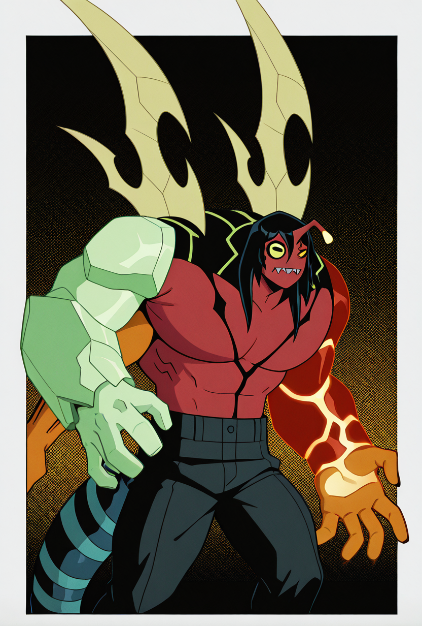 <lora:kev11-06:1> kevin11, solo, male focus, yellow eyes, black hair, red skin, horn, sharp teeth, lime wings, blue tail, 4arms, top hands left green arm, top hands right magma red arm with yellow cracks, bottom hands orange arms, 2 orange arms, big arms, multiple arms,, masterpiece, best quality, amazing quality, very aesthetic, absurdres, newest,, upper body, halftone effect, white borders, abstract background:1.2,