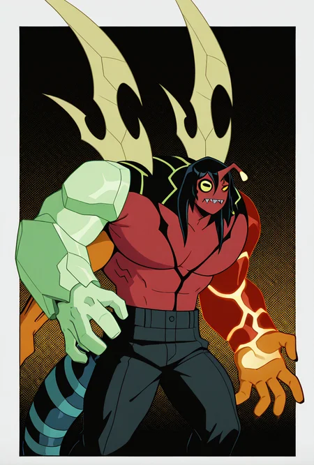 <lora:kev11-06:1> kevin11, solo, male focus, yellow eyes, black hair, red skin, horn, sharp teeth, lime wings, blue tail, 4arms, top hands left green arm, top hands right magma red arm with yellow cracks, bottom hands orange arms, 2 orange arms, big arms, multiple arms,, masterpiece, best quality, amazing quality, very aesthetic, absurdres, newest,, upper body, halftone effect, white borders, abstract background:1.2,