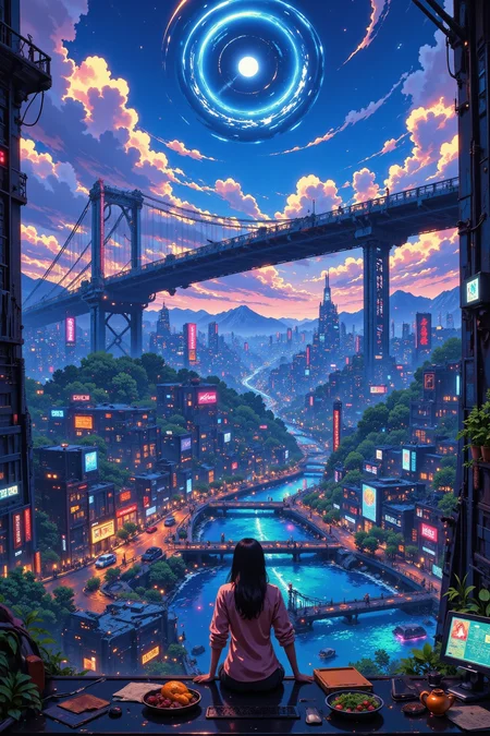 alien city beautiful cyberpunk landscape, cloudy sky, woman, very intricate, very detailed, sharp, bright, colorful, <lora:Hand v2:0.5> <lora:Anti-Blur:1><lora:Insane Detail Slider:0.25> <lora:flux.1_lora_flyway_Epic-detail_v2:0.3> <lora:fluxenhancer:0.25> <lora:ROWER:0.6> <lora:flux-charmer-v1-1:0.4><lora:Vibrantly_Sharp_style_v.5:0.4> <lora:bv-cybstyenh-v1_rank16_bf16:0.6> <lora:Anime_style:0.8> anime style