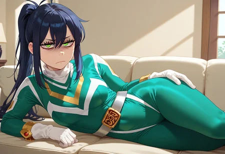 score_9, score_8_up, score_7_up, BREAK,
1girl, solo, sentaisaintforce, green bodysuit, silver belt, white gloves, spandex, m-shaped chest symbol, helmet removed, no headwear, reneegr, black hair, ponytail, sidelocks, long hair, green eyes, jitome, (bags under eyes:1.5), frown, annoyed, tired, looking at viewer, on side, hand on hip, indoors, room, sofa, Expressiveh