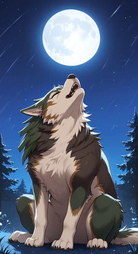 <lora:Howling_Canine:0.5>,<lora:wlflnk_ponyxl_v4:1>,wlflnk howling at the moon,howling,sitting pose,head back,mouth open,furry,highres,absurdres,incredibly absurdres,huge filesize,wallpaper,