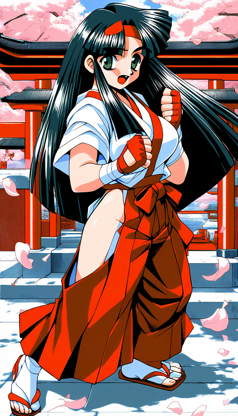 score_9, score_8_up, score_7_up, source_anime, rating_explicit, BREAK  <lora:Aoyama_Momoko_XL:1> AoyamaMomoko, long hair, black hair, red headband, large breasts, bandages, green eyes, blunt bangs,
1girl, solo, japanese clothes, gloves, full body, fingerless gloves, 1990s (style), hakama, 
open mouth, tabi, red hakama, skirt, hakama skirt, clenched hands, shrine, cherry blossom,