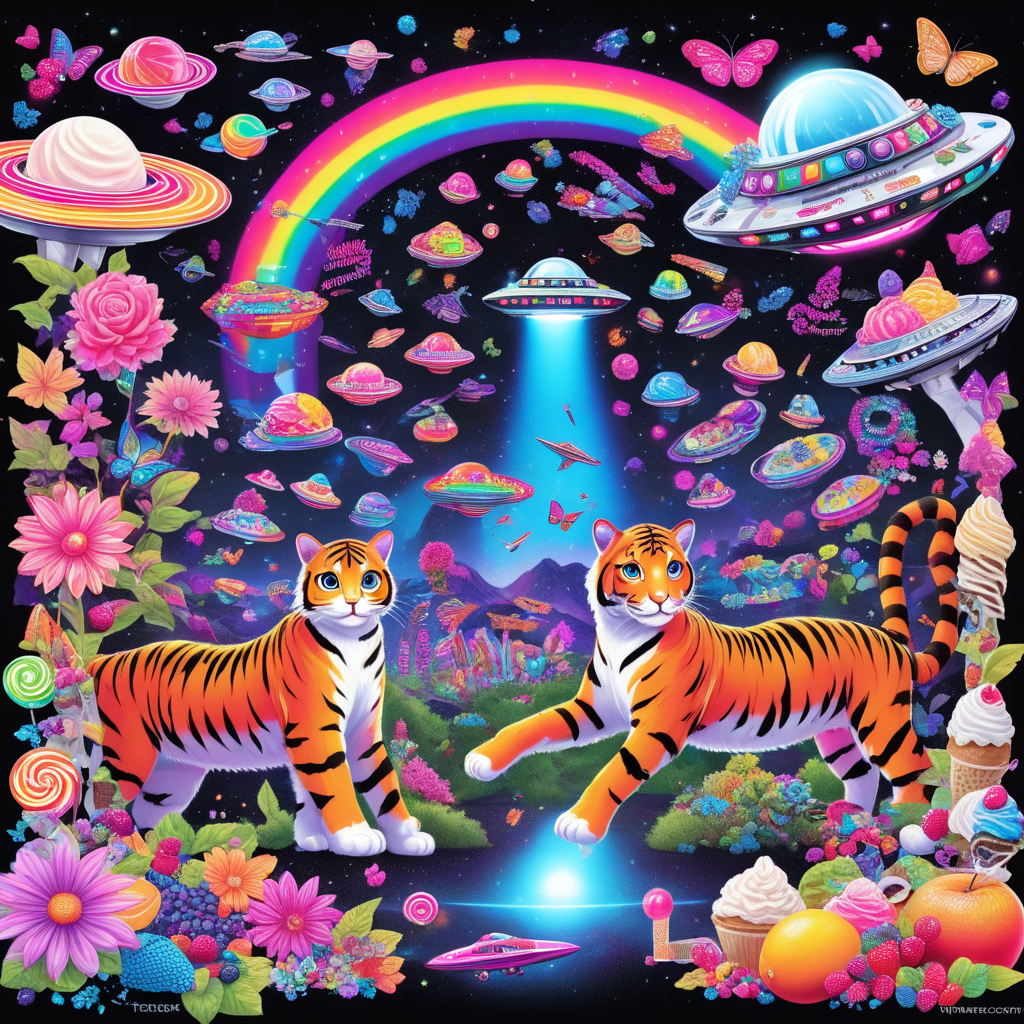 ice cream, spacecraft, scales, watermark, tiger, vibrant rainbow, flower, english text, hair bow, scenery, butterfly, light sparkles, fantasy landscape, door, cute creatures, cat, glowing, colorful, outdoors, unicorn, fruit, black background, eighth note, ufo, candy, jewelry, science fiction, multicolored hair, pop art, smile, anthropomorphic animals, rainbow hair