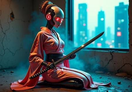 in the style of ck-ncr,, A humanoid female robot styled as a futuristic geisha, with a porcelain-like face featuring glowing red pupils and exposed circuitry subtly integrated into the design. Her metallic "hair" is styled into an elaborate geisha bun, adorned with glowing kanzashi hairpins emitting soft neon red and gold light. She wears a cyberpunk-inspired kimono with illuminated cherry blossom patterns and a sleek, glowing obi belt. Kneeling in a dimly lit, rundown apartment in a dystopian city, she holds a traditional katana with a polished steel blade. The room is gritty, with cracked walls, scattered debris, and a faint blue glow filtering through a broken window overlooking neon-lit skyscrapers. Smoke lingers in the air, blending her poised elegance with the decay of her surroundings. The scene contrasts her serene, geisha-like demeanor with the raw, futuristic cyberpunk world.<lora:ck-Neurocore-Realistic-Cyborgs000013.safetensors:1.0:1.0>