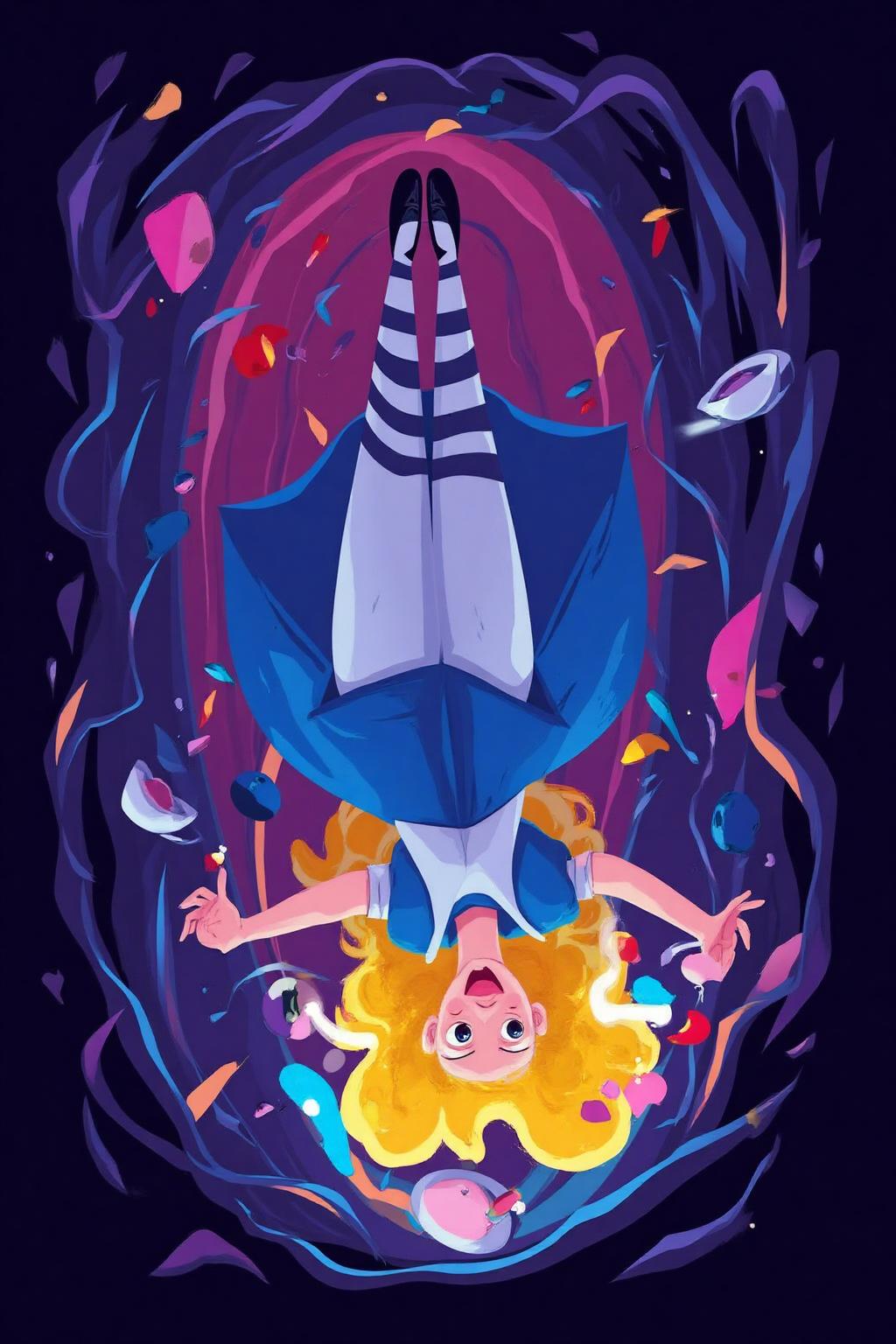 vector art.
Overhead shot of Alice in Wonderland falling into the rabbit hole, with her legs dangling beneath her. She is looking upward, her face filled with shock and terror as she screams. Her blue dress and white apron billow out around her as she tumbles, while her striped stockings and black shoes are visible below. The rabbit hole is a swirling, chaotic mix of vibrant colors, playing cards, teacups, and other Wonderland objects floating around her. Soft glowing light emanates from the tunnel walls, adding an eerie, fantastical feel to the scene. The sense of motion and fear is palpable as Alice falls deeper into the unknown. 
 <lora:vectorart1_cap_d6a3:1.0><lora:844293152228544898:0>