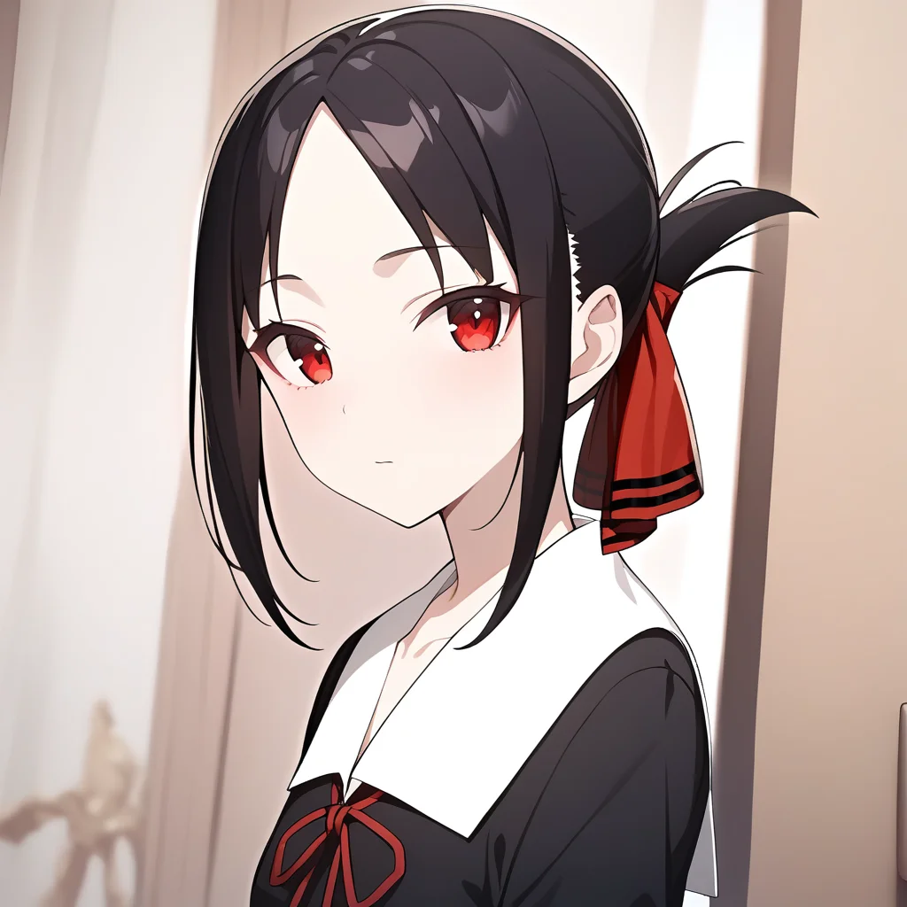masterpiece, best quality, 1girl, kaguya, <lora:kaguyaSDXL:0.8>, school uniform, black dress, black skirt, red ribbon, long sleeve, looking at viewer, standing, parted bangs, portrait