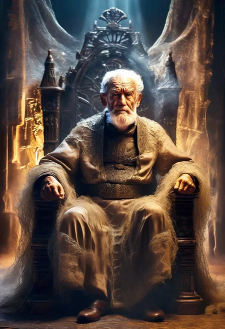 product shot of ultra realistic old man sitting in a throne, covered in cobwebs, against a dark background, two tone lighting, advertisement, octane, unreal <lora:epiNoiseoffset_v2:1>