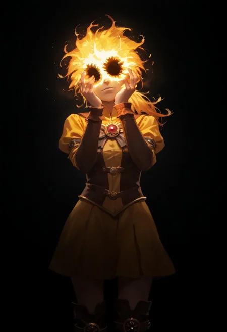 score_9, score_8_up, score_7_up,
lord_of_frenzy, fire head,
novakin, faceless, no eyes, no mouth, no nose, no facial features, short fiery yellow orange hair, body made of black plasma,
magical girl outfit, steampunk dress, boots,
shaft head tilt
simple background, grey background,
yandere trance, hands on own face, hands on own cheeks