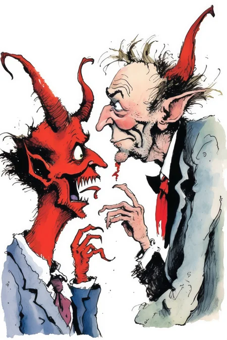 <lora:Quentin Blake Style:1>Quentin Blake Style - A full color illustration of the devil whispering in your ear in the style of Quentin Blake