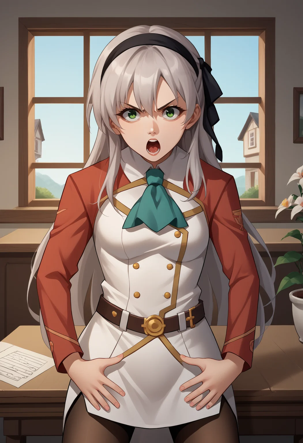 score_9, score_8_up, score_7_up, source_anime, 1girl, solo, JustDoItMeme, open mouth, looking at viewer, parody, <lora:JustDoIt_XLPD:1.25>, <lora:elie-pdxl-nvwls-v1:0.9> zeroElie, black hairband, hair ribbon, long hair, ascot, uniform, long red sleeves, white dress, pencil skirt, belt, black pantyhose, green eyes, indoors, house, table, window, flower,