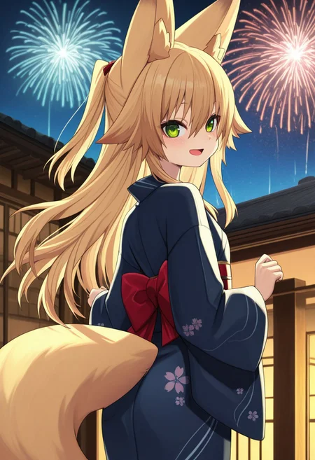 masterpiece,perfect quality,best quality,absolutely eye-catching,absurdres,highres,newest,anime coloring, anime screencap,(1girl,solo), Kokonoe_Tsubaki,green eyes,long hair,flat chest,fox ears,(fox tail),(open mouth smile, looking back, looking at viewer, blush),kimono,japanese building,night, fireworks,sakura trees,