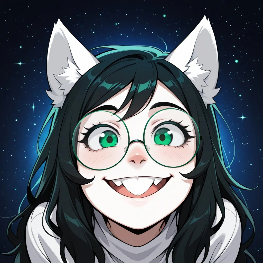 Jade Harley, (white wolf ears), long hair, black hair, round glasses, green eyes, (buck teeth), cute nose, headshot, space themed eyes, smiling, masterpiece, best quality, amazing quality,