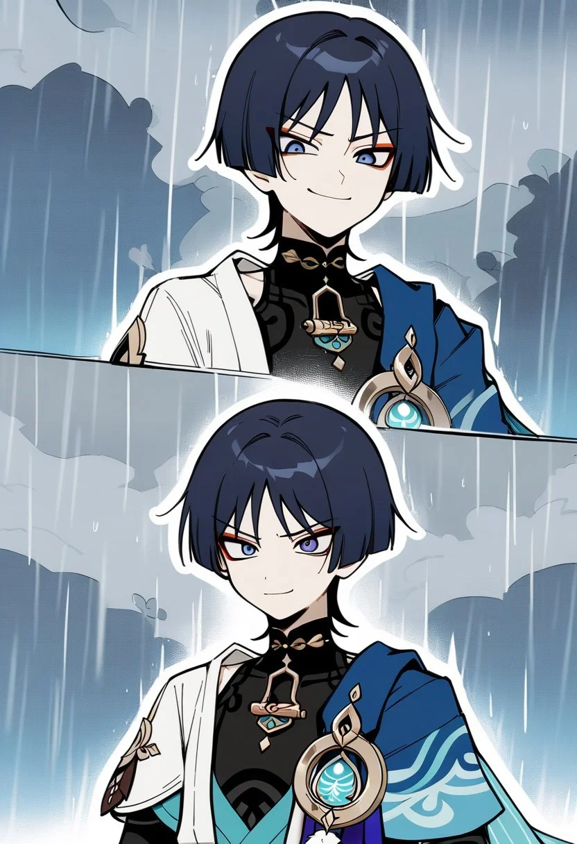 (illustration, 1boy, scaramouche, wanderer \(genshin impact\), genshin impact, smug smile, cloudy sky, rain, masterpiece)