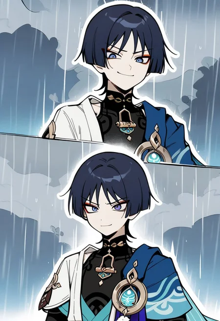 (illustration, 1boy, scaramouche, wanderer \(genshin impact\), genshin impact, smug smile, cloudy sky, rain, masterpiece)