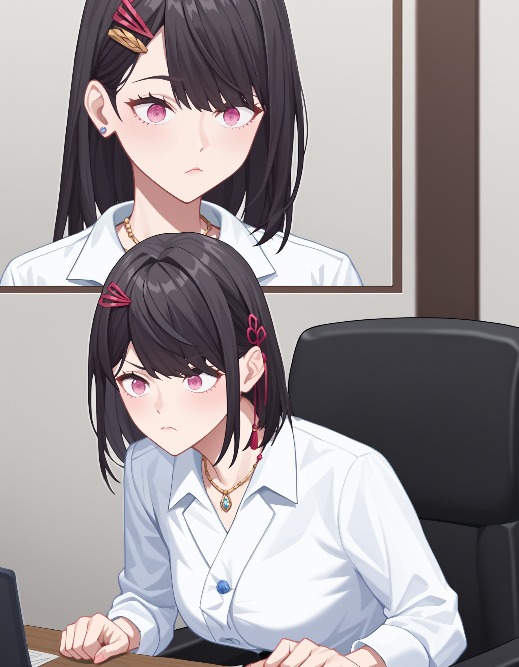 score_9,score_8_up,score_7_up,source_anime,
(office lady:1.2),office,chair,multiple_views,
glcyanzhen,1girl,solo,hair ornament,bangs,pink eyes,black hair,<lora:yanzhen_pony2:0.6>,anime screencap,<lora:Anime_Screencap:1>,bent over,confused,