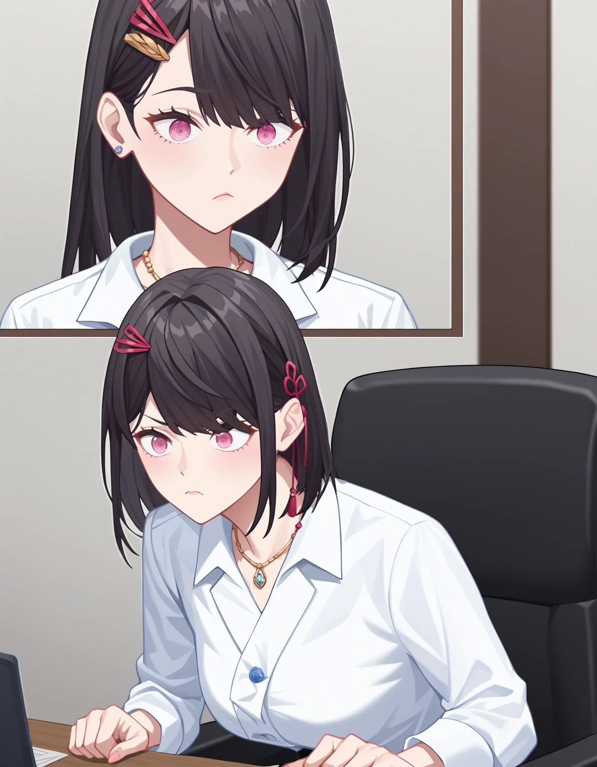 score_9,score_8_up,score_7_up,source_anime,
(office lady:1.2),office,chair,multiple_views,
glcyanzhen,1girl,solo,hair ornament,bangs,pink eyes,black hair,<lora:yanzhen_pony2:0.6>,anime screencap,<lora:Anime_Screencap:1>,bent over,confused,