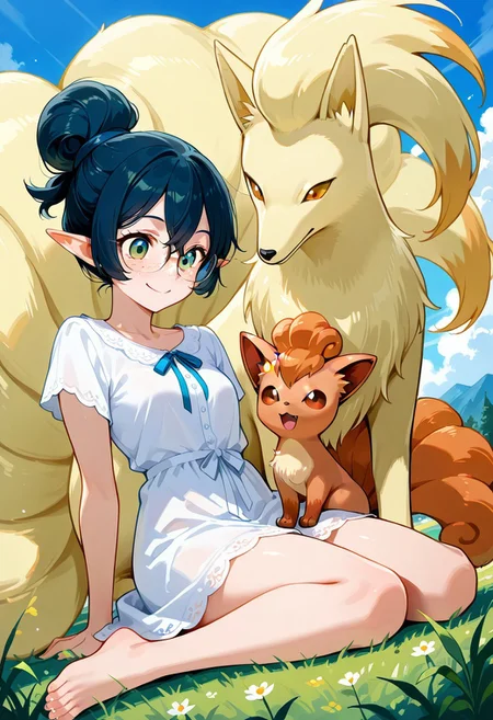 masterpiece, best quality, amazing quality, very aesthetic, absurdres, 1girl with 1other, other with female, BREAK
(petite elf, 1girl, pointed ears, black hair, green eyes, hair bun, glasses, freckles, white dress, barefoot, holding vulpix). BREAK
(1other, vulpix, amber eyes)
BREAK
(1other, ninetales, female ninetales, amber eyes)
river, grass, blue sky, sitting, on ground, happy, dynamic pose, perspective, outdoors, plants,