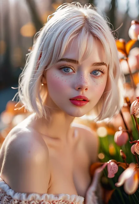 Mushroom village, autumn, detailed, warm's eyes shot, Cinematic Hollywood Film style, female supermodel, white silver short hairstyle, perfect teeth, white tigh high stockings, soft freckles, day sunlight, cute sensually dynamic pose, perfect eyes, detailed irises and pupils, light blue eyes, shot on Hasselblad X2D 100C,ISO 50, natural light form early spring, sharp focus, realistic, high definition, Beautiful sun light filtering through the ends of the hair, cute face, gorgeous, pretty face, pale skin, light freckles, shiny eyes, full shiny lips, cute lips, parted lips, lip gloss, mascara, thighs, young looking, large breasts, skinny, petite body(body heigth:160cm), big head, innocent look, young face, pink eye shadow, blushing, maching pupils, dwarfs in the backgraounds, 18 years old girl, ashamed, naturaly pink lips color, extra shiny lips, long eyelashes, smile, textured pale skin, masterpiece, macro photography, tilt shifted, best quality, upper body,
<lora:add_detail:1>