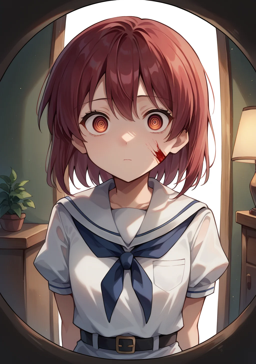 score_9, score_8_up, score_7_up, source_anime,high detail, detailed face,volumetric lighting,shiny skin,<lora:spo_sdxl_10ep_4k-data_lora_webui:0.7>,1girl,miyanaga_teru,red hair, medium hair, red eyes,<lora:miyanaga_teru:1>, school uniform,white dress,white sailor collar, blue neckerchief, short sleeves, puffy sleeves, black belt,<lora:pov-peephole-ponyxl-lora-nochekaiser:0.8> pov peephole, peephole, fisheye, round border, peeking, voyeurism, aprtment, yandere, horror (theme), yandere, flourescent lamp,constricted pupils, shaded face,blood on face,