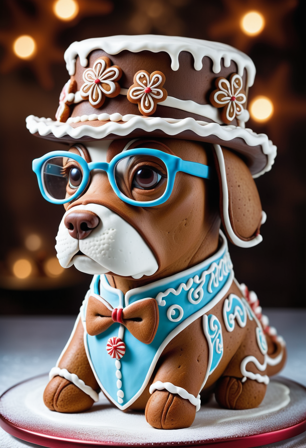 wearing Pork pie hat, short [Beagle| Boston Terrier] Dragon knight, Horn-rimmed glasses, geeky, masterpiece, very inspirational, <lora:GingerbreadStyle_epoch_10:0.8> Gingerbread, icing, complex, striking, highly complex, positive emotional, epic atmosphere, romantic, contemporary fine detail