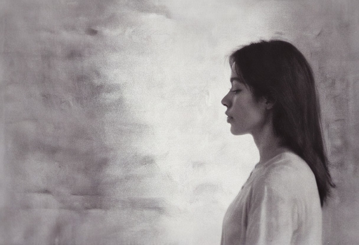 an aesthetic, minimalist depiction of a female profile in side view. The focus is on the soft contours and calm, monochromatic tones. The scene feels mystical and dreamy, almost as if viewed through a delicate mist, with gentle light accentuating the silhouette. The background is diffuse and creamy white, drawing attention to the elegant simplicity of the figure.