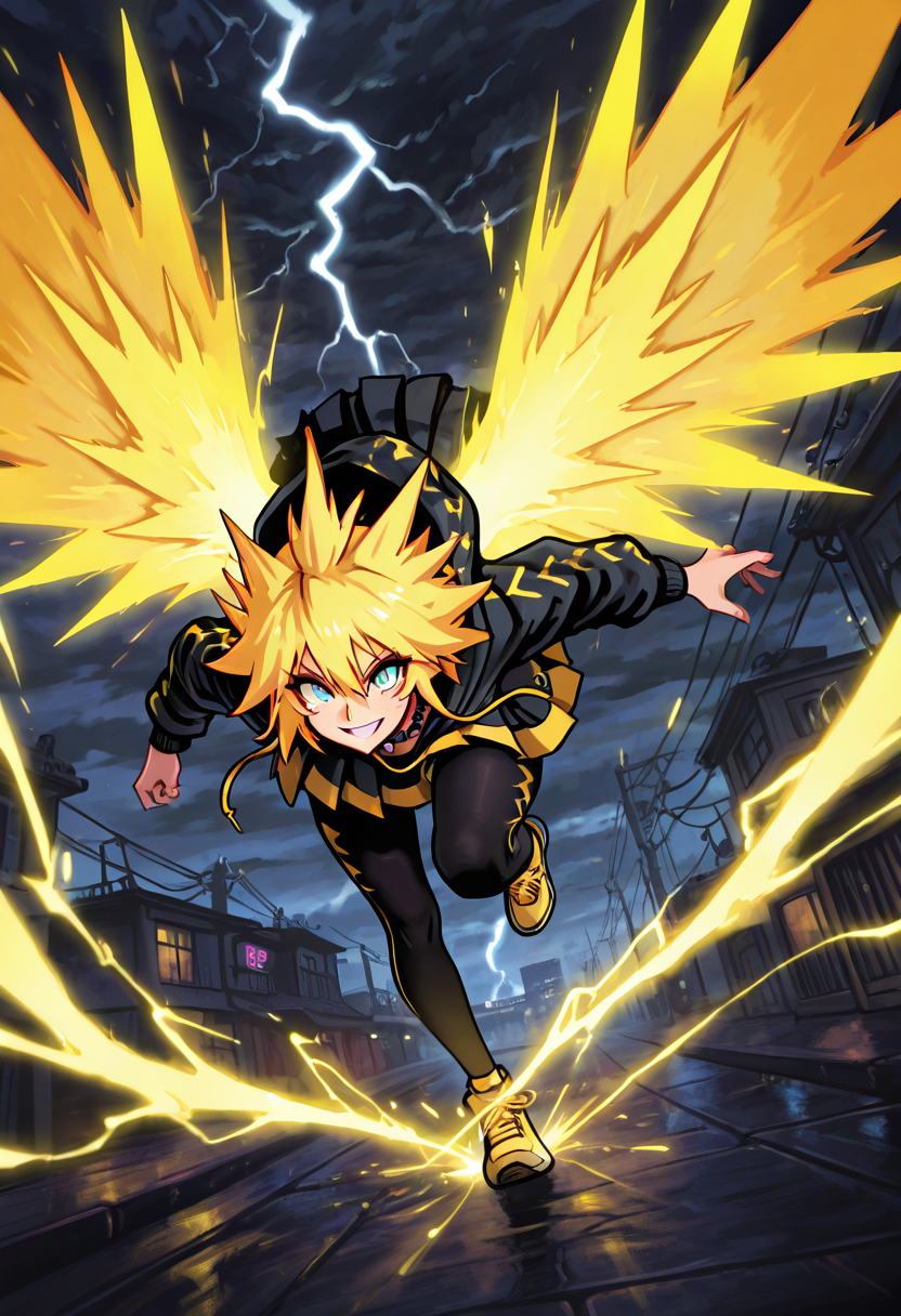 masterpiece, best quality, 1girl, solo,     zzZapdos, (detailed face, dynamic pose, foreshortening, face focus),  lightning-pattern hoodie, layered pleated skirt, black leggings, yellow sneakers, spiked choker, rainy street, neon signs, leaping motion, glowing wings, rebellious grin â In the heart of the cityâs stormy night, she leaps from one rooftop to the next, her lightning-pattern hoodie flaring behind her like a streak of fire. A layered pleated skirt flutters beneath it, the black leggings beneath etched with faint circuit designs. Her yellow sneakers flash in sync with the strobes of neon signs below, and a spiked choker clinks with each motion. Her electric wings flicker to life mid-jump, casting an otherworldly glow behind her, as a wild, rebellious grin spreads across her rain-speckled face.  ,,<lora:ZapdosPokedex_IXL_v1:0.8>,