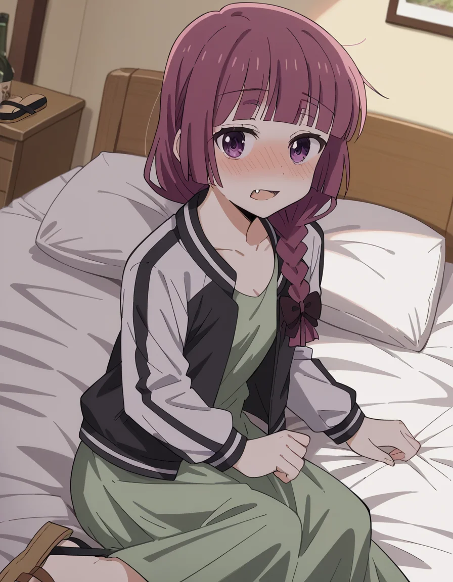 score_9, score_8_up, score_7_up, source_anime,
kikurihiroi, <lora:kikuri-hiroi-s1-ponyxl-lora-nochekaiser:1>,
kikuri hiroi, black bow, blunt bangs, braid, purple eyes, fang, hair bow, hair over shoulder, long hair, purple hair, sidelocks, single braid,
black jacket, brown footwear, collarbone, dress, green dress, jacket, long sleeves, open clothes, open jacket, raglan sleeves, sandals, white sleeves,
indoors, bed, bed room, on side, blush, drunk,
cowboy shot, solo, dutch angle, looking at viewer,
