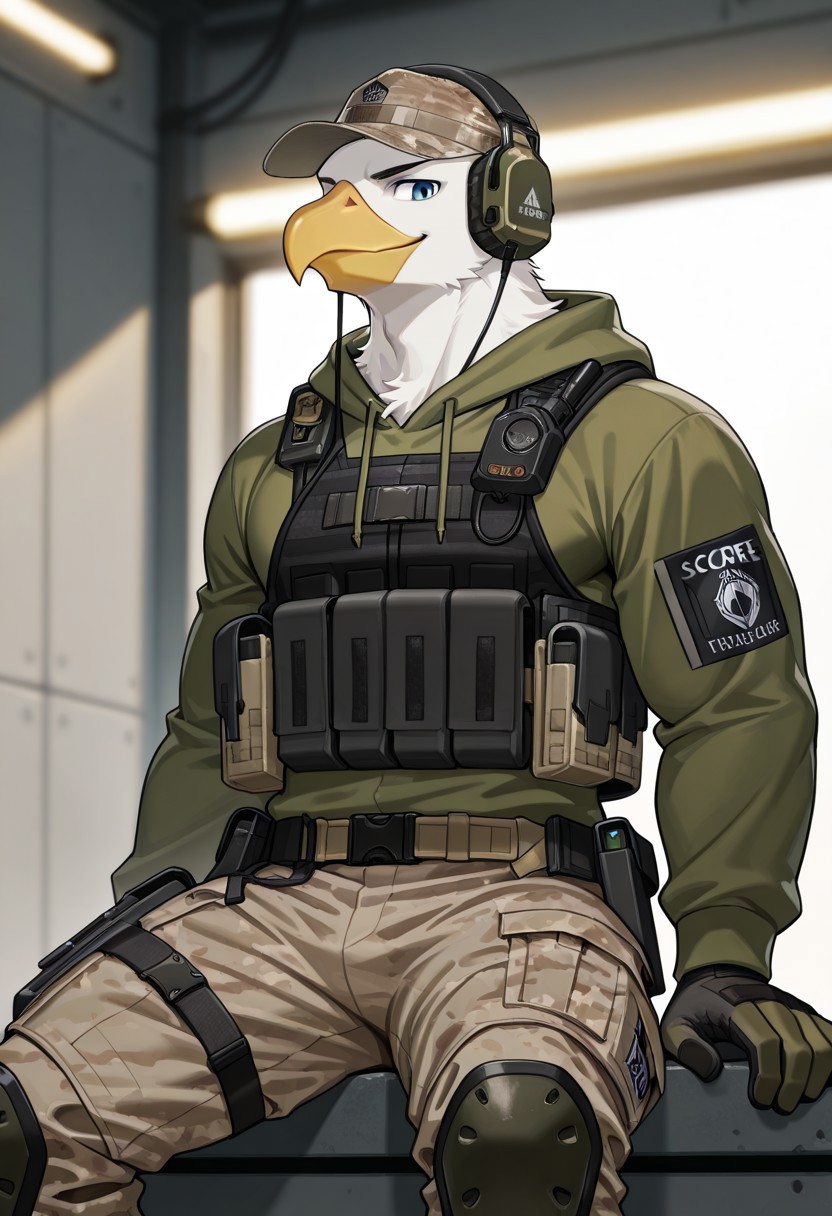 score_9, score_8_up, score_7_up, score_6_up, score_5_up, score_4_up, 2d, flat_colors, upper_body, portrait, male, furry, avian (eagle:1), bird, beak, ((cap, headphones)), ((((multicam)))), (((green hoodie))), ((cargo pants, kneepads)) ((tactical gear:1.5)) ((tactical:1.5)) (tactical armor:1) ((plate carrier vest)) (((tactical vest))), (((tactical utility belt))), ((smile)), cinematic, blue_eyes, solo, detailed_fur, body_fur, ((detailed background, indoor, military base)), B2B style, Bad2Bad style, masterpiece, best quality, amazing quality, very aesthetic, high resolution, ultra-detailed, absurdres, newest, scenery, looking at viewer, ((((no hair)))), depth of field details, volumetric lighting, masculine, muscles, bara, gloves, sitting