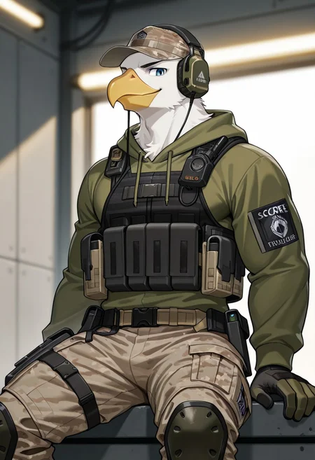 score_9, score_8_up, score_7_up, score_6_up, score_5_up, score_4_up, 2d, flat_colors, upper_body, portrait, male, furry, avian (eagle:1), bird, beak, ((cap, headphones)), ((((multicam)))), (((green hoodie))), ((cargo pants, kneepads)) ((tactical gear:1.5)) ((tactical:1.5)) (tactical armor:1) ((plate carrier vest)) (((tactical vest))), (((tactical utility belt))), ((smile)), cinematic, blue_eyes, solo, detailed_fur, body_fur, ((detailed background, indoor, military base)), B2B style, Bad2Bad style, masterpiece, best quality, amazing quality, very aesthetic, high resolution, ultra-detailed, absurdres, newest, scenery, looking at viewer, ((((no hair)))), depth of field details, volumetric lighting, masculine, muscles, bara, gloves, sitting