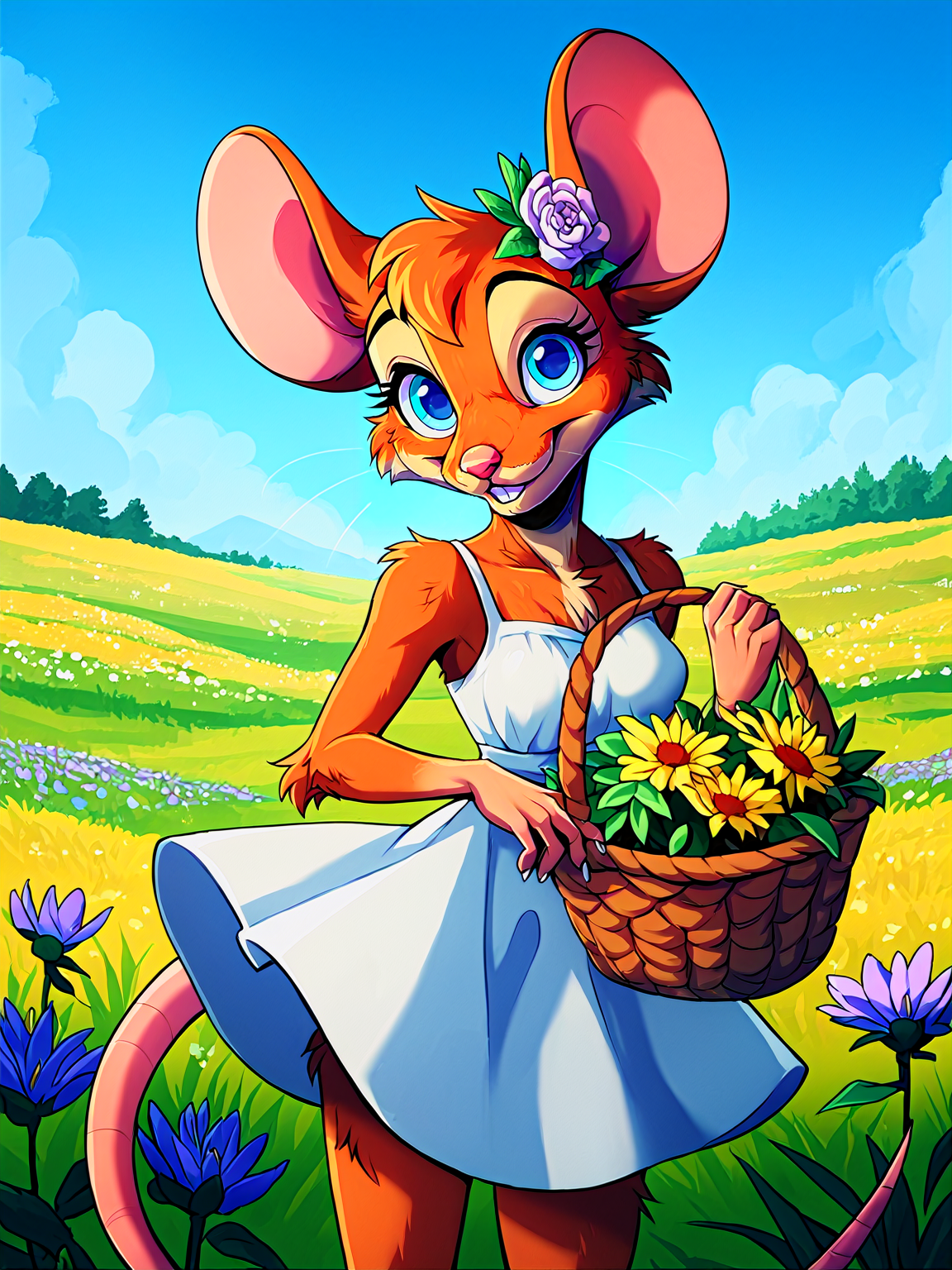 score_9, score_8_up, score_7_up, source_furry, 1girl, (mouse girl), (furry:1.1), anthro, smile, happy, looking at viewer, detailed background, <lora:xNIROx_Style_PDXL:0.8>, fluffy fur, detailed fur, 
long sundress, flower field, short, love, small breasts, tan fur, head flower, basket, tall grass, sunny, blue sky, pink nose, big eyes, blue eyes, cute, adult,