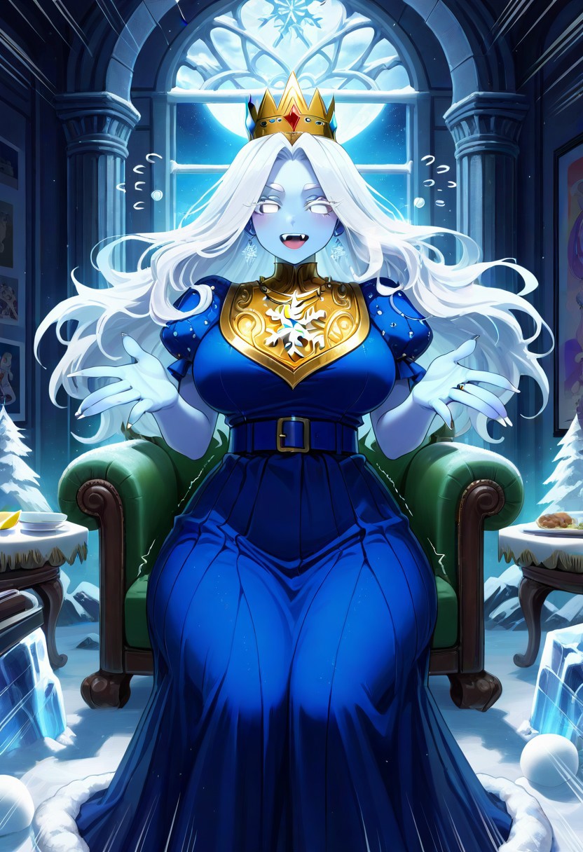score_9,score_8_up,score_7_up,score_6_up,score_5_up,1girl, ice_queen_(adventure_time),adventure_time,white_hair,white eyes,blank eyes,long hair,source_adventure time,colored skin, pale skin,blue skin,white sclera,blue dress,snowflake_(symbol), ice,crown,red gem,ruby,red gemestones,gold crown,makeup, white bowtie,puffy shoulders,thick eyebrows,long eyelashes, pointy eyebrows,curvy,tongue,mature_female,(source_anime), symmetrical,portrait setting,(blue belt),gold necklace,(orbs), (snowball:1.4),gold bracalets,long skirt,(jewelry:1.4),((tattoos)), huge pillow,(fr0stwrld,snow,ice),(bulging skirt),(wide hips),(thick thighs),(long nails),(perfect_hands),mountains landscape from cave,green armchair,brown couch,ice walls,floating orbs,table, dishes,(gemestones),tablecloth,lemon_pie,(posters:1.4),steam, stalacmites,(stalactites),(telescope),binoculars,(dynamic pose), ((eyebags)),indoors,(hand sign),(motion lines:1.4),(illustration), (wide shot),starry sky,(big window),(trembling lines:1.4),(flying sweatdrops:1.4),statues,(thick outlines),clouds,(chewing gum), (bubblegum bubbles),smile,(fangs),happy,(glowing aura),blue aura,throne with crystals,eye-shaped snowflake,mystic lumina, masterpiece,best_quality,newest,absurdres,best shadow,light particles,highly detailed background,amazing quality,detailed face,highly detailed skin,very detailed clothes,emphasis lines, very aesthetic,speed lines,high quality,best shadows,detailed eyes,dynamic angle,very detailed hair,<lora:add-detail-xl:2>
