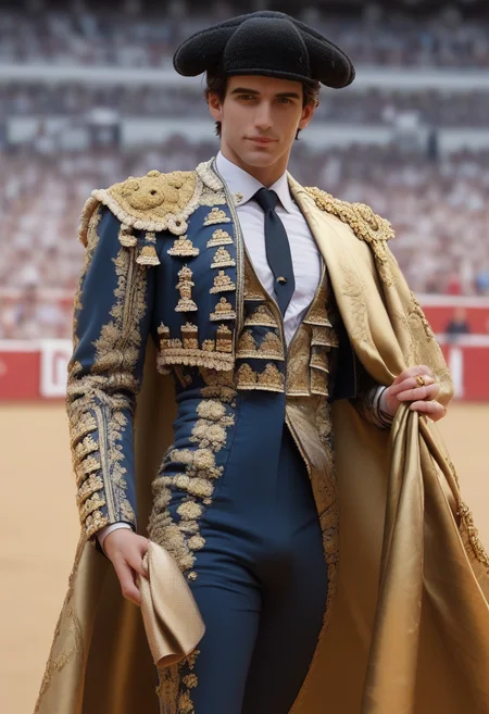 score_9, score_8_up,  wide angle,tr4j3,  1boy,  navy fabric, gold stitching, flower design, shirt, necktie, torso twist, looking at viewer, holding, holding espada, espada,  bullring, spectators,  arms out,  blurry background,  cock outline  pants, headwear, montera <lora:traje_PNY_v2_r1:1>