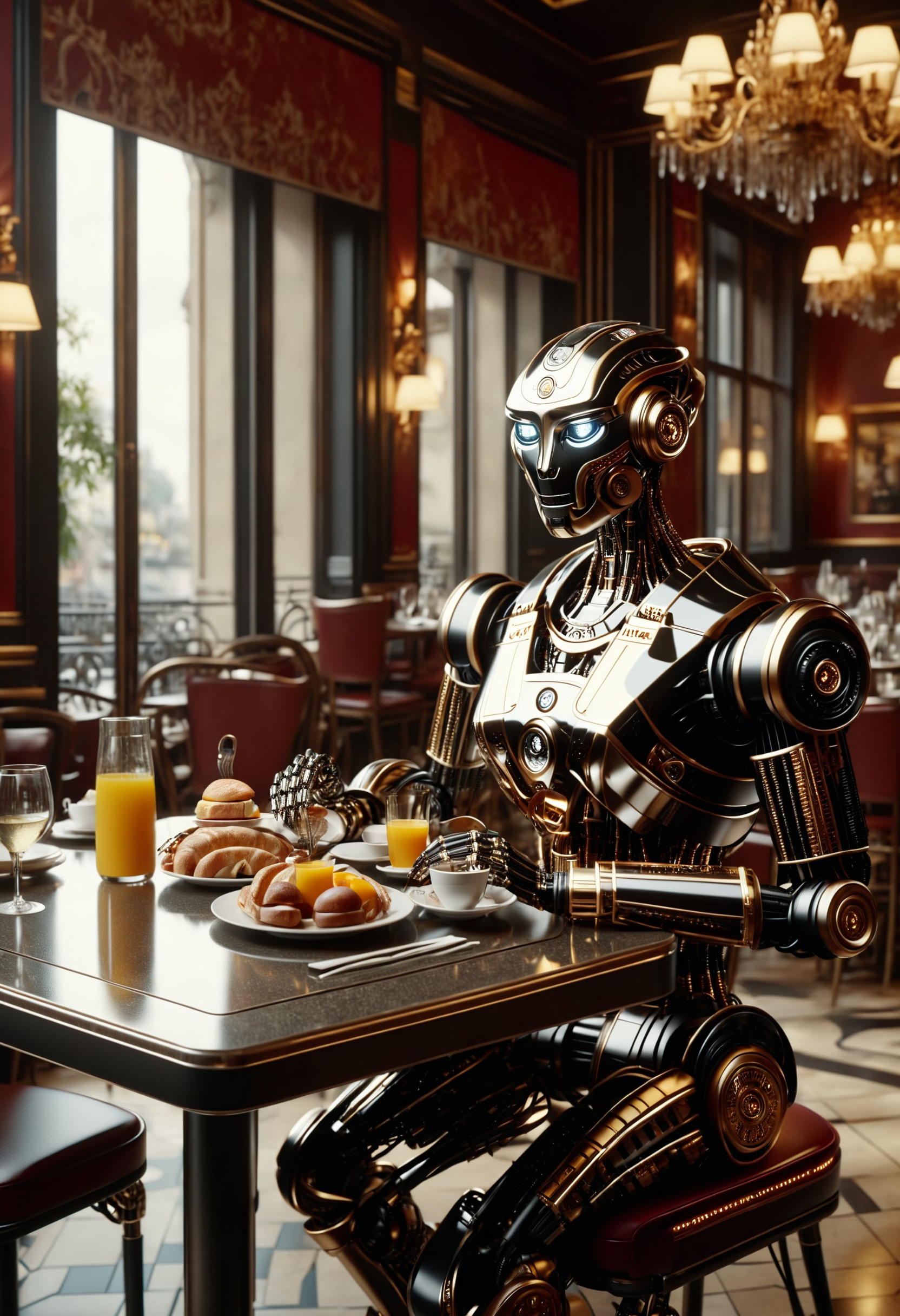 a dvr-frft robot having breakfast in a posh french restaurant, cinematic lighting, 4k, UHD, trending on Artstation
<lora:dvr-frft:0.8>