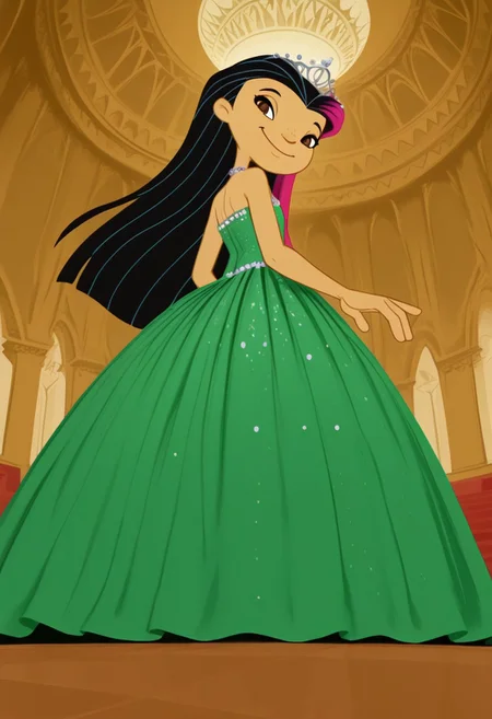 masterpiece, best quality, amazing quality, very aesthetic, absurdres, newest, solo,Juniper_LeeZYN, 1girl, solo, brown eyes, black hair, two-tone hair, multicolored hair, long hair, Very large green sleeveless floor length gown, ball gown, rhinestones. She is also wearing a tiara, hoop skirt, dome shape skirt, quinceanera, prom, pageant, CrinolineDress, Gown, cowboy shot, looking at viewer, beautiful, ((beautiful face, beautiful eyes)), Wide Hips, Big thighs, standing,(smile, indoors, elegant room, looking_at_back, solo, full_body, head tilt,),from direct beiow,(((from below:1.5))), ass focus,bend down