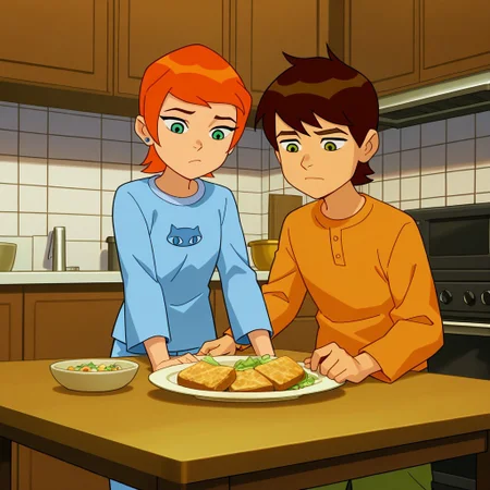 masterpiece, best quality, ben_w_gwen, (1boy, ben_t, brown hair, green eyes), break, (1girl, gwen_t, orange hair, green eyes), pajamas, kitchen, table, breakfasr