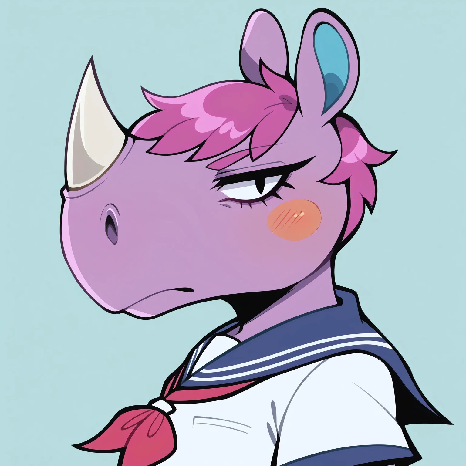 score_9, score_8_up, score_7_up, BREAK, /Renee (Animal Crossing), 1girl, solo, rhino girl, white horn, pink fur, sailor outfit, orange blush, pink hair, boredom eyes, eyelashes, light pink eyebrow, black eye, slit eye, blue inside ears, ears, headshot, side-on view, side view, closed mouth, cyan background, 2D, digital art