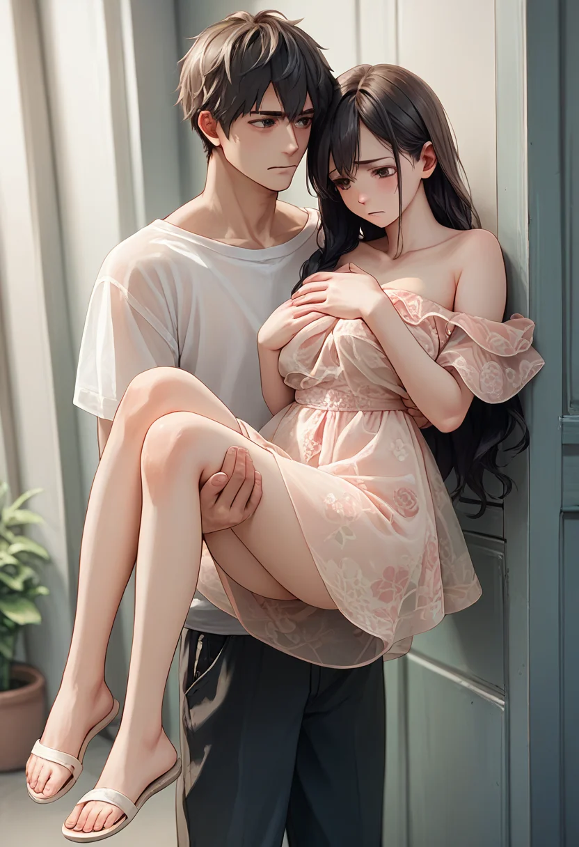 score_9, score_8_up, score_7_up, score_6_up, source_anime, 1girl, long hair, brown hair,
off shoulder, floral dress, see-through, short dress,
1boy, princess carry, black hair, covering breasts,
<lora:floral_offshoulder_dress_v1.1-pony:1>
<lora:princess_carry_v0.3-pony:0.8>