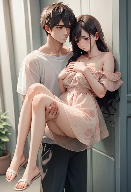 score_9, score_8_up, score_7_up, score_6_up, source_anime, 1girl, long hair, brown hair,
off shoulder, floral dress, see-through, short dress,
1boy, princess carry, black hair, covering breasts,
<lora:floral_offshoulder_dress_v1.1-pony:1>
<lora:princess_carry_v0.3-pony:0.8>