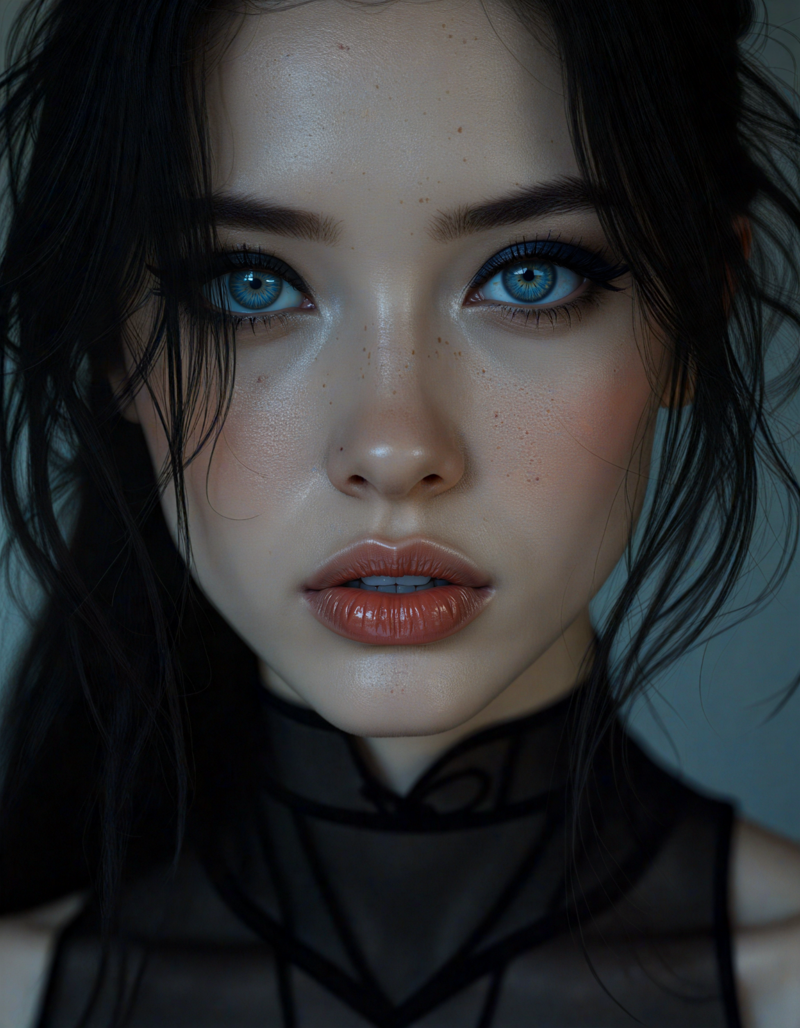 professional 3d model (dark mood masterpiece Photography:1.2), portrait of a mysterious woman with blue eyes and dark make up, dark eyeliner, she has sensuous lips, looking seductively, naughty. The extreme realism focuses on her detailed skin, showing fine textures and natural highlights. photography masterpiece, modern, irresistible beauty, fuzzy lighting, dark mood, unusual composition, use of negative space, (rule of thirds composition), simmetry, mysterious, emotional, flirting, groundbreaking unrivaled opus with unrivaled details, (Camel color scheme), highly detailed, melancholic, low-light hyper detailed photography, catchlights, extremely high-resolution details, photographic, realism pushed to extreme, fine texture, incredibly lifelike, portrait,style by luis royo . octane render, highly detailed, volumetric, dramatic lighting