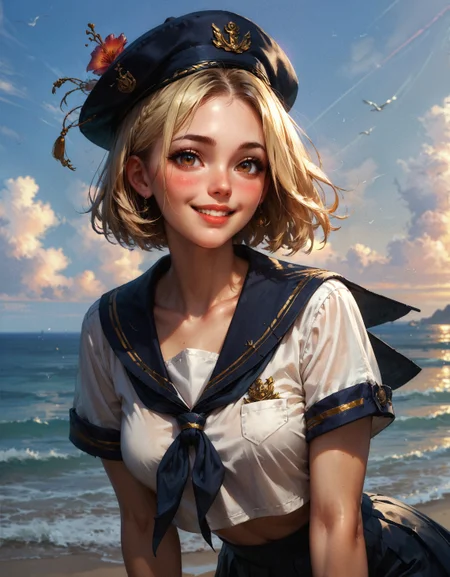 score_9, score_8_up, score_7_up, score_6_up, score_5_up, score_4_up, woman, 25 years old, sailor uniform, sexy body, cute, narrow hips, smiling, seashore, ocean, short blonde hair, pale skin, hazel eyes, blushing, sailor hat, golden hour