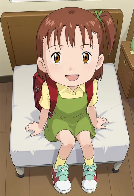 score_9, score_8_up, score_7_up, source_anime, anime screencap, masterpiece, best quality,
(1girl), jerikatou, ((solo, alone)), short petite, small body, flat chest, brown hair, side ponytail, brown eyes, green dress, smile, open mouth, looking at viewer,
BREAK
(yellow collared shirt, shoes, yellow socks, red backpack) 
BREAK
(sitting on the chair, from above), legs together, indoor, bedroom, bed in back, during the day.