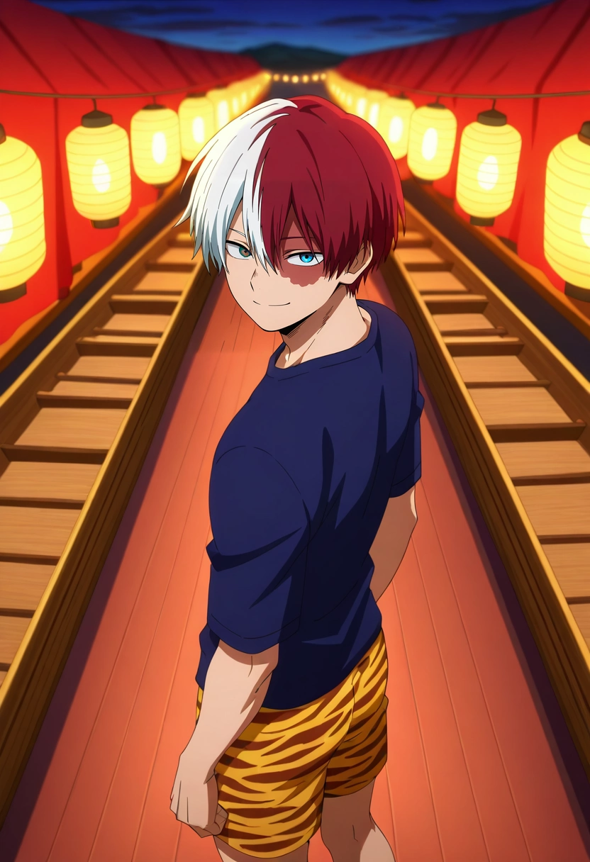 masterpiece, best quality, , anime screencap, , , looking at viewer, depth of field, 1boy, solo, male focus, <lora:shouto_todoroki_ilxl:0.96>, shouto_todoroki, white hair, red hair, grey eyes, blue eyes, heterochromia, short hair, hair between eyes, bangs, multicolored hair, two-tone hair, split-color hair, burn scar, scar on face, floating market, wooden boats, lantern light, water reflection, high angle shot, bargaining pose, friendly smile, early morning, Amber Piqué Floral Shorts, Lycra Animal print SteelBlue Thermal shirt, Brogues, Ski mask, and