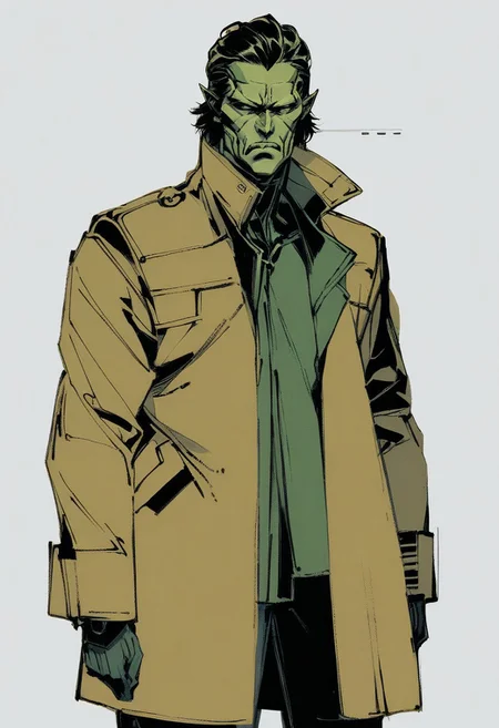 yoji_shinkawa, green alien , Male, trenchcoat,  serious  <lora:Yoji_v2-000014:0.9>, score_8_up, score_7_up, score_6_up