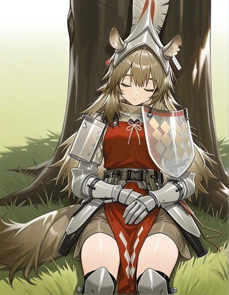 masterpiece, best quality, beautiful accurate depth-of-field, 1girl, solo, w1ldman3AK, WMAK helmet, WMAK Armor, WMAK gauntlets, WMAK boots, horse ears, horse ears, horse tail, tagged ear, closed eyes, very-long hair, sitting in the grass, in the shade, under a tree, sleeping