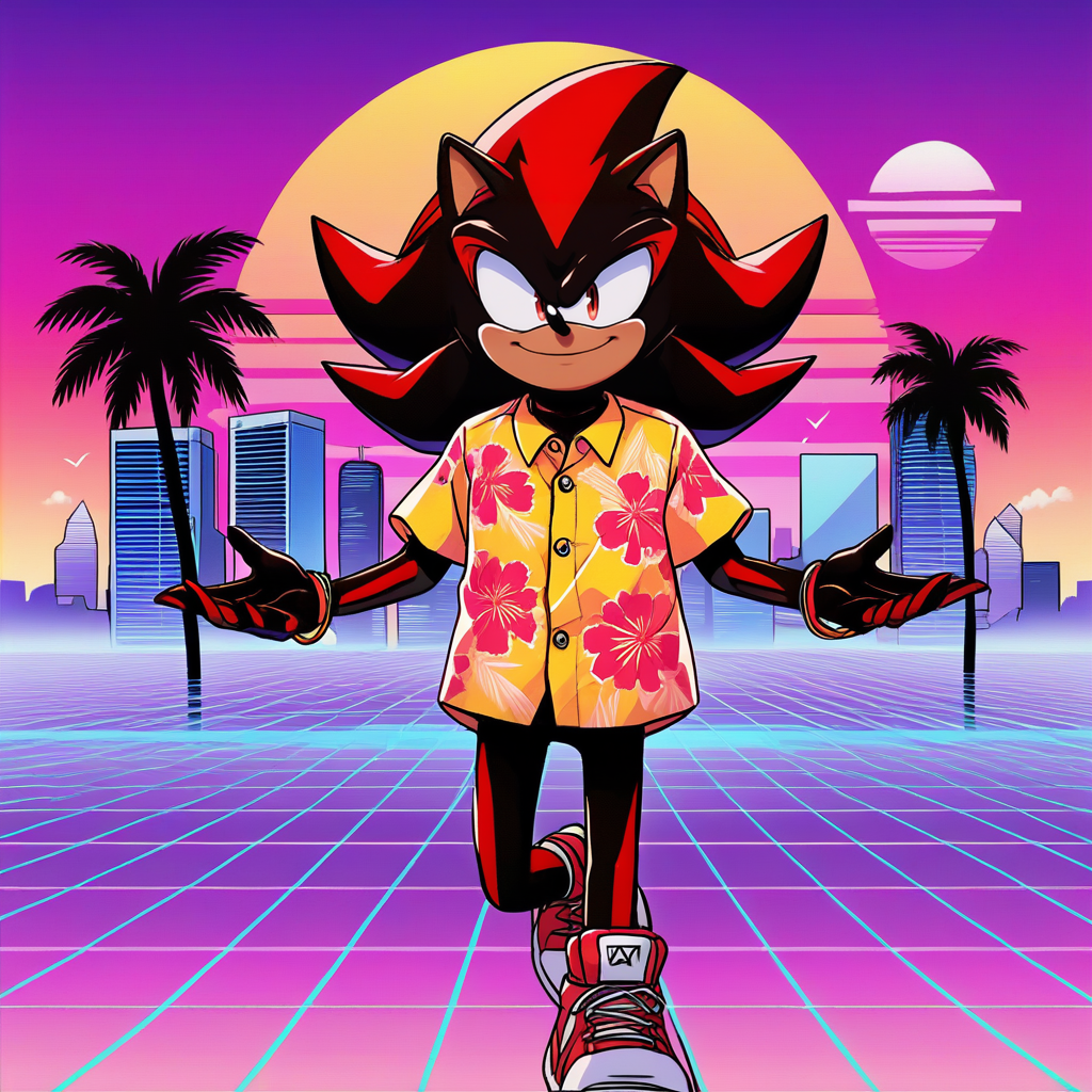 score_9, score_8_up, score_7_up, score_6_up, score_5_up, score_4_up, zPDXL2,source_anime,rating_questionable, 1boy, solo,  smile, red hawaiian shirt, cowboy shot, floating, shadow the hedgehog     , smile, <lora:Vaporwave:0.8> v4p8r, scenery, sun, palm tree,vaporwave, purple sky, city skyline